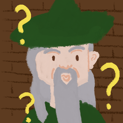 a wizard with a grey beard and a green robe and hat is surrounded by yellow question marks.