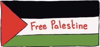 A Palestinian flag, with stripes of black, white, and green, with a red triangle from the left. On the white stripe it says 'Free Palestine'.