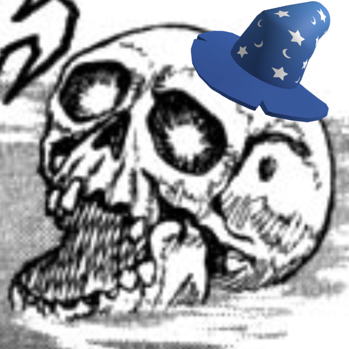 A skull from the manga Berserk, with a blue wizard hat and stars photoshopped on it.