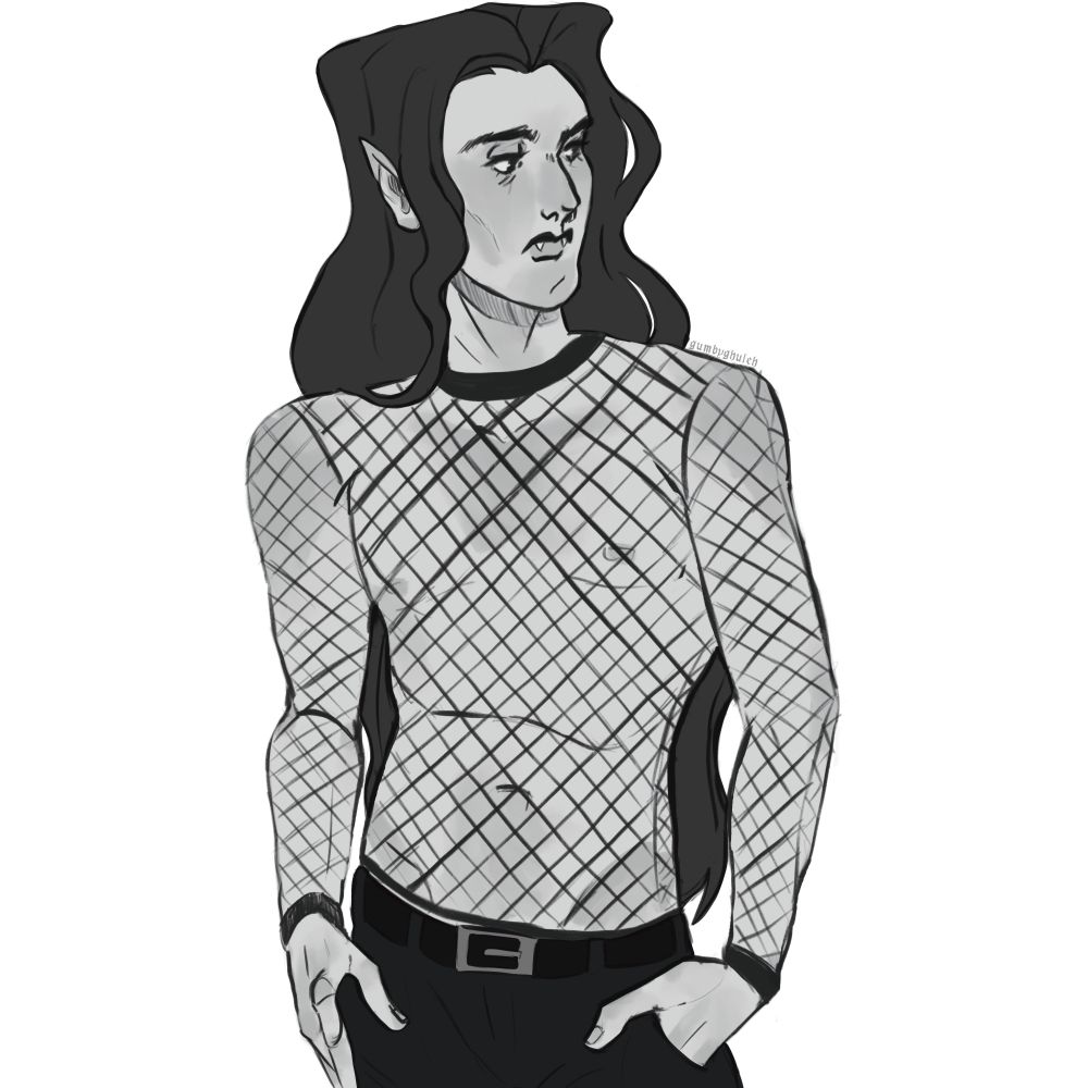 a drawing of a vampire with long dark hair in a fishnet shirt.