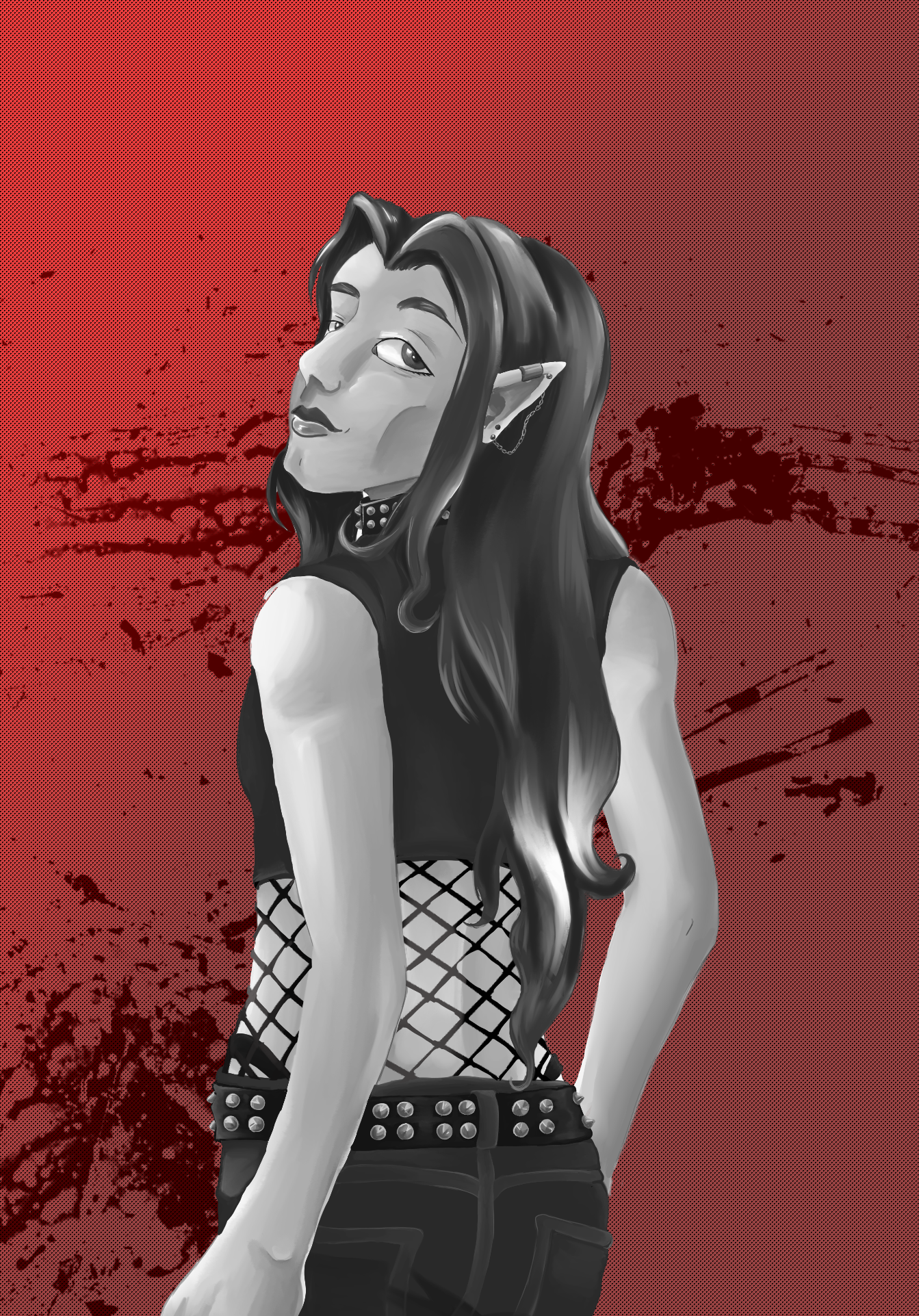 a drawing of a vampire with long dark hair looking over his shoulder. he's wearing a crop top over a fishnet top and jeans.