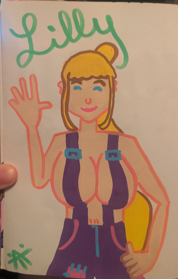 a POSCA marker drawing of a girl with long blonde hair and big tits. she's wearing overalls that cover her nipples but no shirt. she's smiling at you.