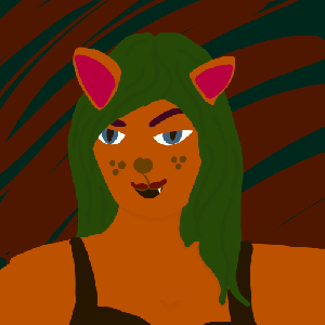 a digital drawing of a catgirl with long green hair.